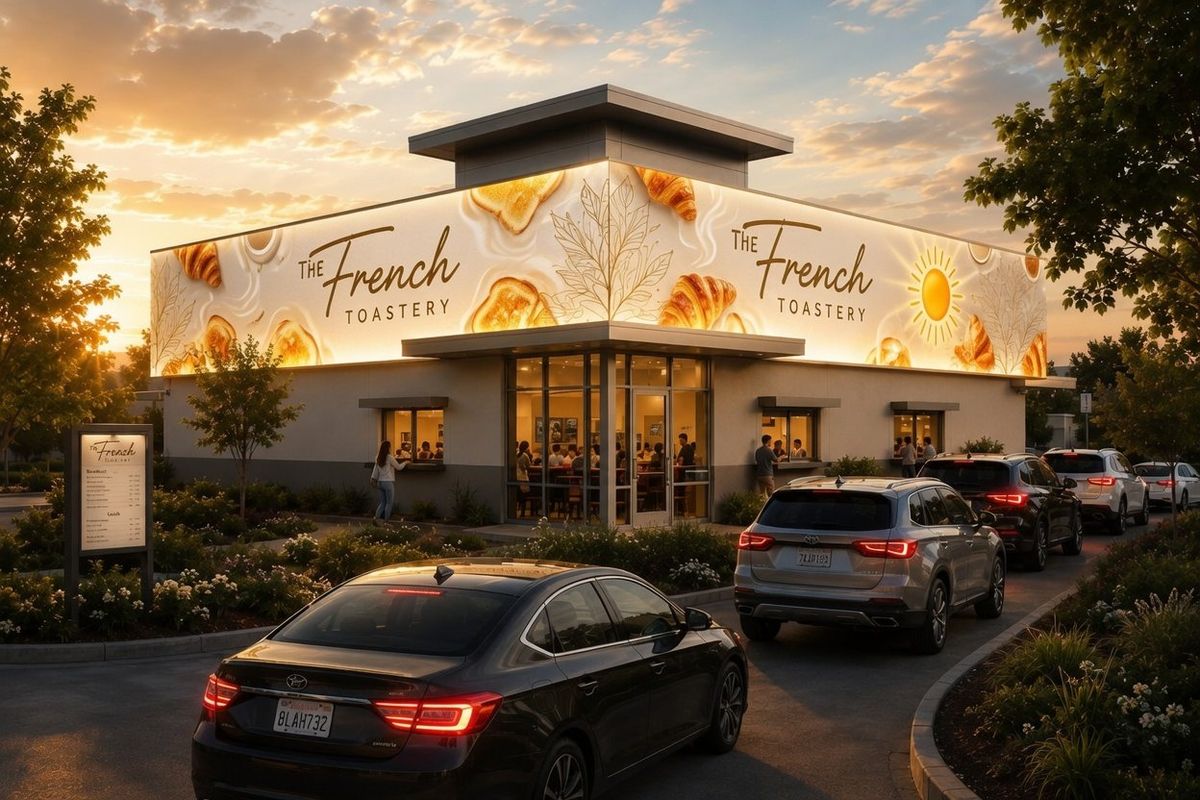 Concept rendering of a French Toastery storefront with illuminated digital signage at sunrise