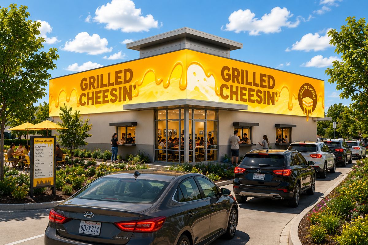 Concept rendering of a Grilled Cheesin’ storefront with a bright yellow digital façade on a sunny day