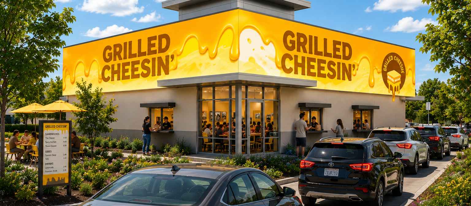 Concept rendering of a Grilled Cheesin’ storefront with a yellow illuminated digital façade