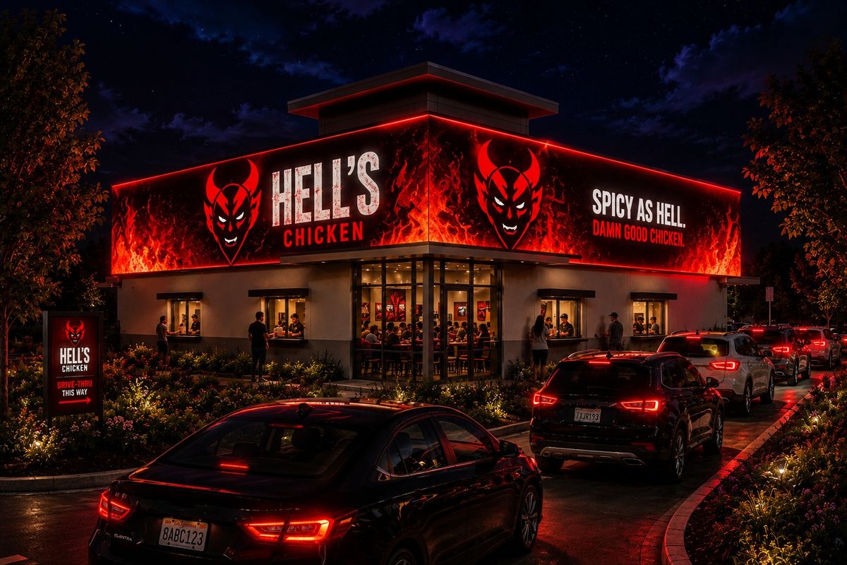 Concept rendering of a Hell’s Chicken storefront at night with a red illuminated digital façade