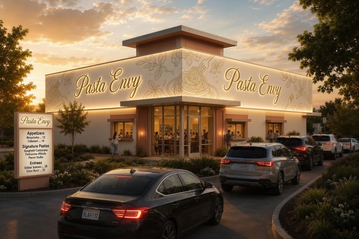 Concept rendering of a Pasta Envy storefront with cream-colored illuminated signage at dusk